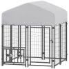 PawHut Welded Wire Outdoor Dog Kennel with 360° Rotating & 4 Levels Adjustable Bowls, Waterproof Cover, 3.9' x 3.9' x 4