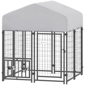 PawHut Welded Wire Outdoor Dog Kennel with 360° Rotating & 4 Levels Adjustable Bowls, Waterproof Cover, 3.9' x 3.9' x 4