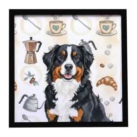 Bernese Mountain Dog Coffee Bar Framed Metal Print Bathroom, Kitchen, Office, Home Decor Wall Art Ready to Hang, Square, 8X8
