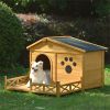 48" Wooden Dog House Outdoor with Porch, Water-Resistant Asphalt Roof and Fencing Indoor & Outdoor Dog Crate with Paw Print, Medium