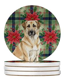Anatolian Shepherd Dog Christmas PoinsettIas Large Sandstone Coasters Pack of 4 Absorbent Round Coasters Decor Gifts for Men or Women, 4 in