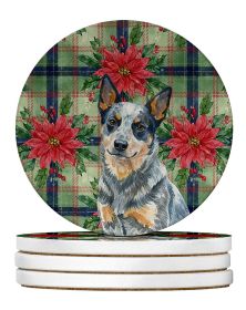 Blue Heeler Australian Cattle Dog Christmas PoinsettIas Large Sandstone Coasters Pack of 4 Absorbent Round Coasters Decor Gifts for Men or Women, 4 in