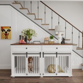 Large Dog Crate Furniture Style for 2 Dogs, Wooden Kennel with 2 Drawers, Divider and Sliding Door 63''