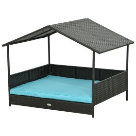 Outdoor Doghouse Wicker Dog Bed with Soft Cushion Washable Cover, for Medium Large Dogs Indoor Outdoor, Blue