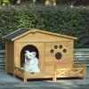48" Wooden Dog House Outdoor with Porch, Water-Resistant Asphalt Roof and Fencing Indoor & Outdoor Dog Crate with Paw Print, Medium