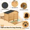 48" Wooden Dog House Outdoor with Porch, Water-Resistant Asphalt Roof and Fencing Indoor & Outdoor Dog Crate with Paw Print, Medium