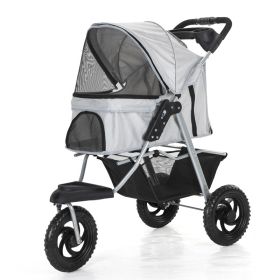 Three Wheel Folding Pet Stroller, Dog Jogger Travel Cats Carrier Adjustable Canopy Storage Brake Mesh Window (Color: GRAY)