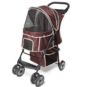 Pet Dog Stroller Trolley, Foldable Travel Carriage with Wheels Zipper Entry Cup Holder Storage Basket, Pushchair Pram Jogger Cart (Color: BROWN)