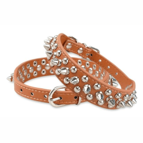 Adjustable Spiked Studded Leather Dog Collar Rivets Pet (Color: BROWN, size: XS)