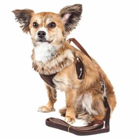 Pet Life Luxe 'Furracious' 2-In-1 Mesh Reversed Adjustable Dog Harness-Leash W/ Removable Fur Collar (Color: BROWN, size: small)