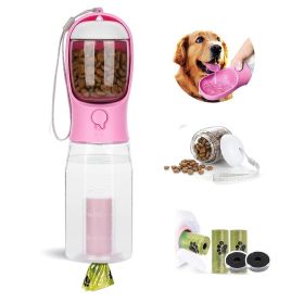 3 in1 Dog Outdoor Water Bottle,Portable Water Dispenser with Food Container,Poop Bag×3,Carbon Filter×2,Leak Proof Lock for Cat (Color: Pink)