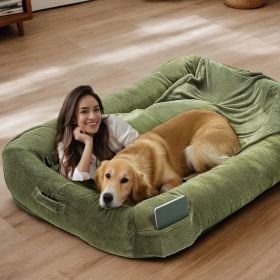 Extra Large Human and Dog Bed Comfortable and Washable with Handle, Blanket and 4 Storage Pockets, 72"x48"x10" (Style: 1 Pack)