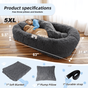Oversized Human Dog Bed – Faux Fur Plush Orthopedic Bed with Pillow & Blanket for Adults & Pets, Washable Cover (Color: DarkGrey, size: 5XL(63"L Ã—31.4"W Ã—9.5"Th))