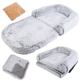 Large Foldable Human Size Dog Bed With Pillow Blanket Flurry Plush Napping Human-Sized Dog Bed Machine Washable Zipped Removable Cover For Pets Kids A (Color: Light Gray, size: One size)